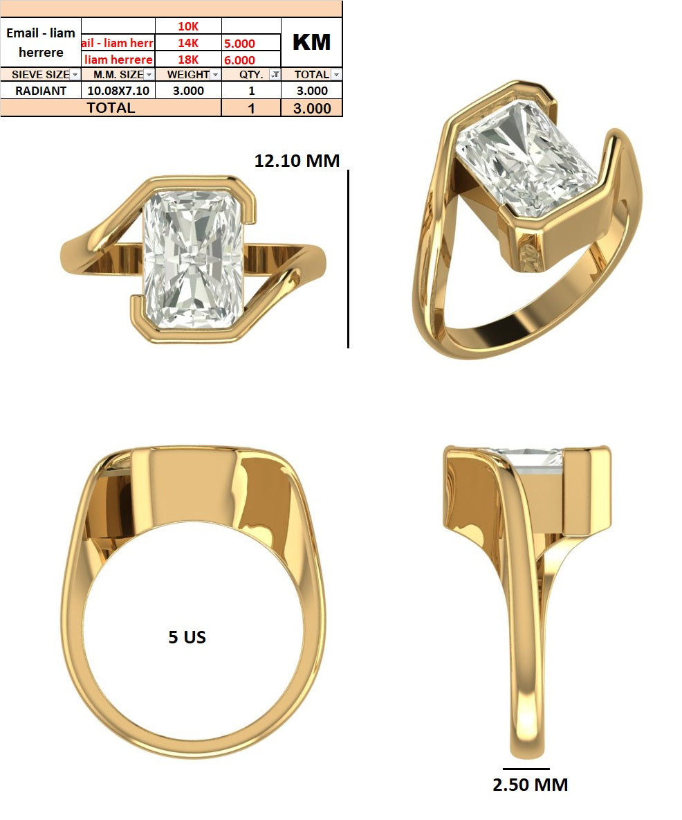 Custom Order - 3ct EF VS1 Radiant Lab Diamond Ring | 10kt Yellow Gold | 5 US
