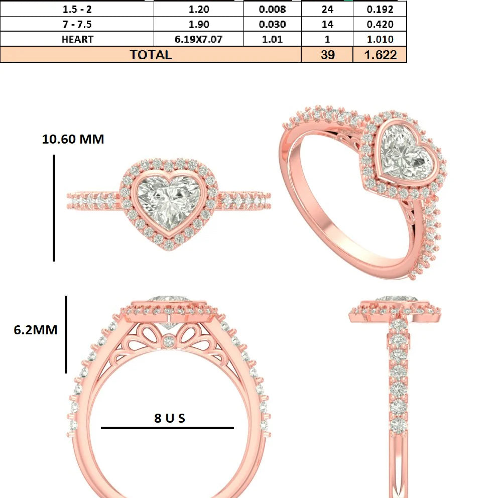 Custom Order - Alexander Gray | 1.01CT Heart Cut | 14K Rose Gold | D - VS2 | Ring Size 8 (US)