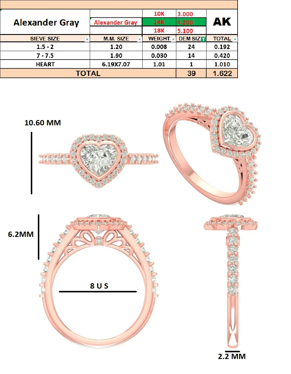 Custom Order - Alexander Gray | 1.01CT Heart Cut | 14K Rose Gold | D - VS2 | Ring Size 8 (US)