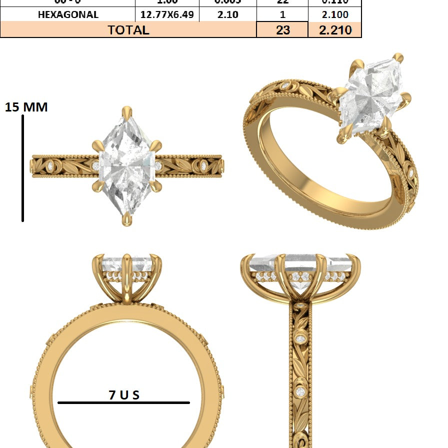 Custom Order - 2.10 E VS1 Hexagon | 7 US | 14kt yellow gold