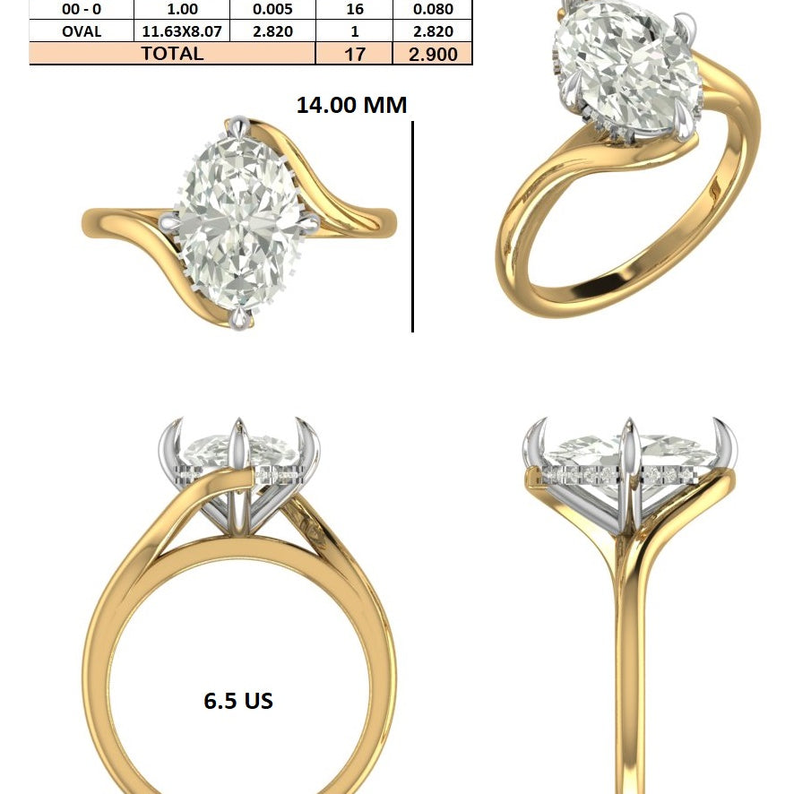 Custom Order - 2.8ct F VS Oval stone ring | 8 US | 14kt yellow gold + white gold