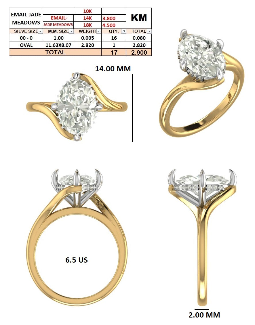 Custom Order - 2.8ct F VS Oval stone ring | 8 US | 14kt yellow gold + white gold