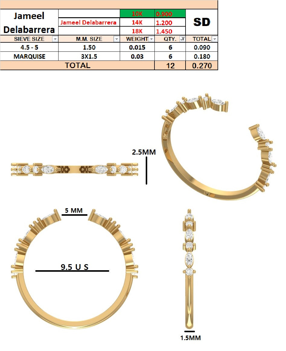 Jameel Delabarrera | Round and Marquise Open Wedding Band | 10K Yellow Gold |D - E | VS