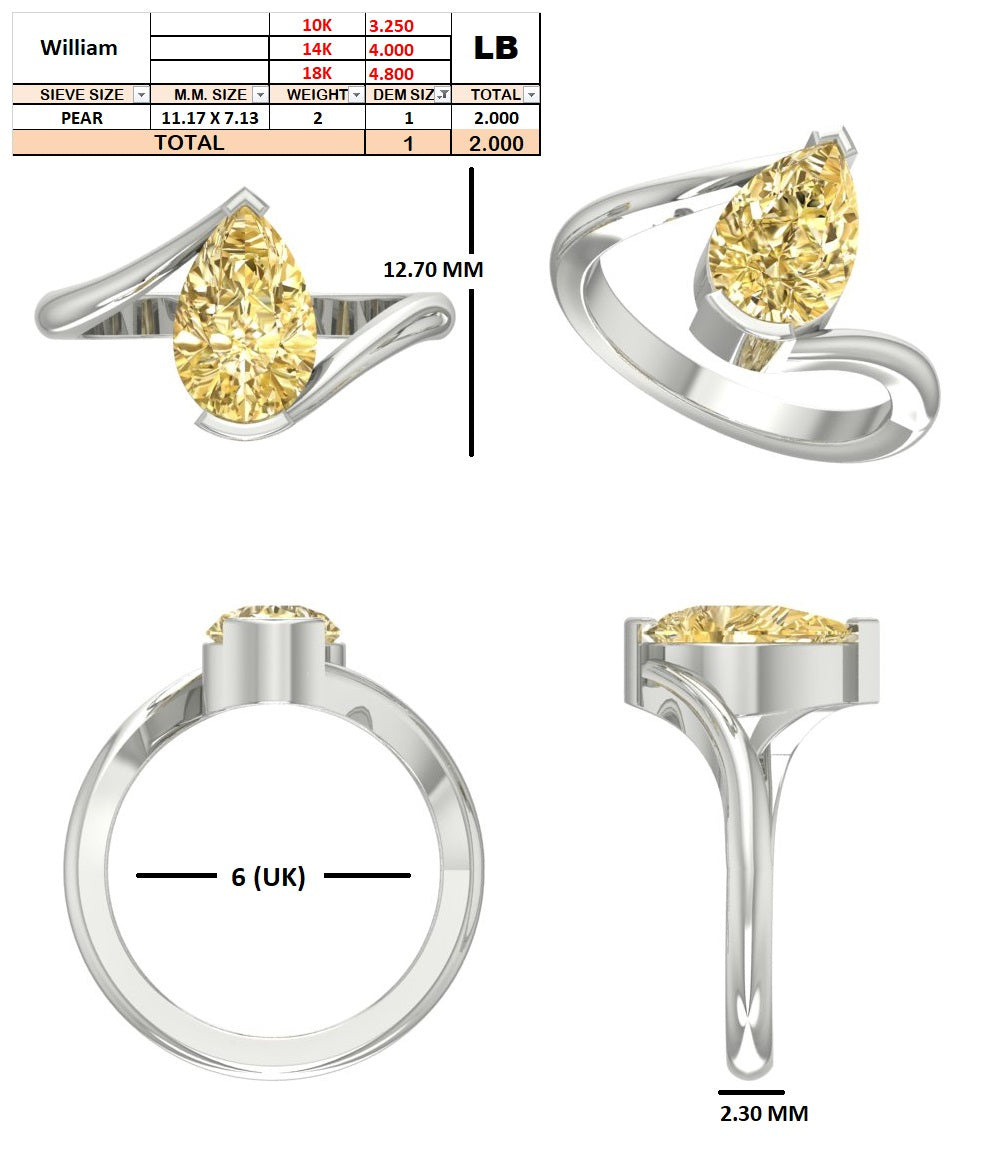 Custom Order - 2.00CT Pear shaped | 14kt White Gold | Fancy Yellow Color