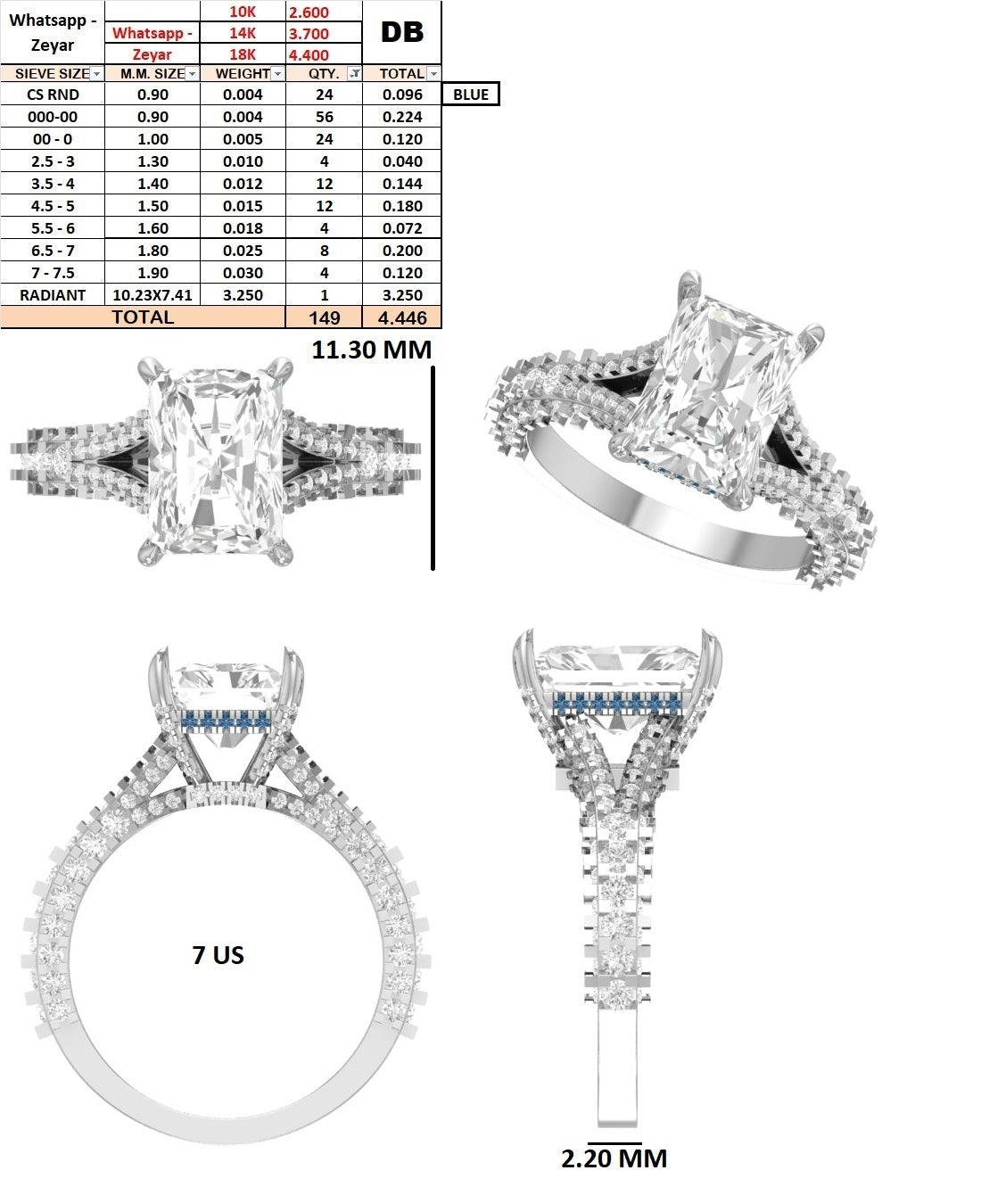 Custom Order - Zeyar | 3.26CT Radiant Cut | Report Number - 724556234 | Platinum | D-IF | Blue Hidden Halo Diamonds | Ring size-7(US)