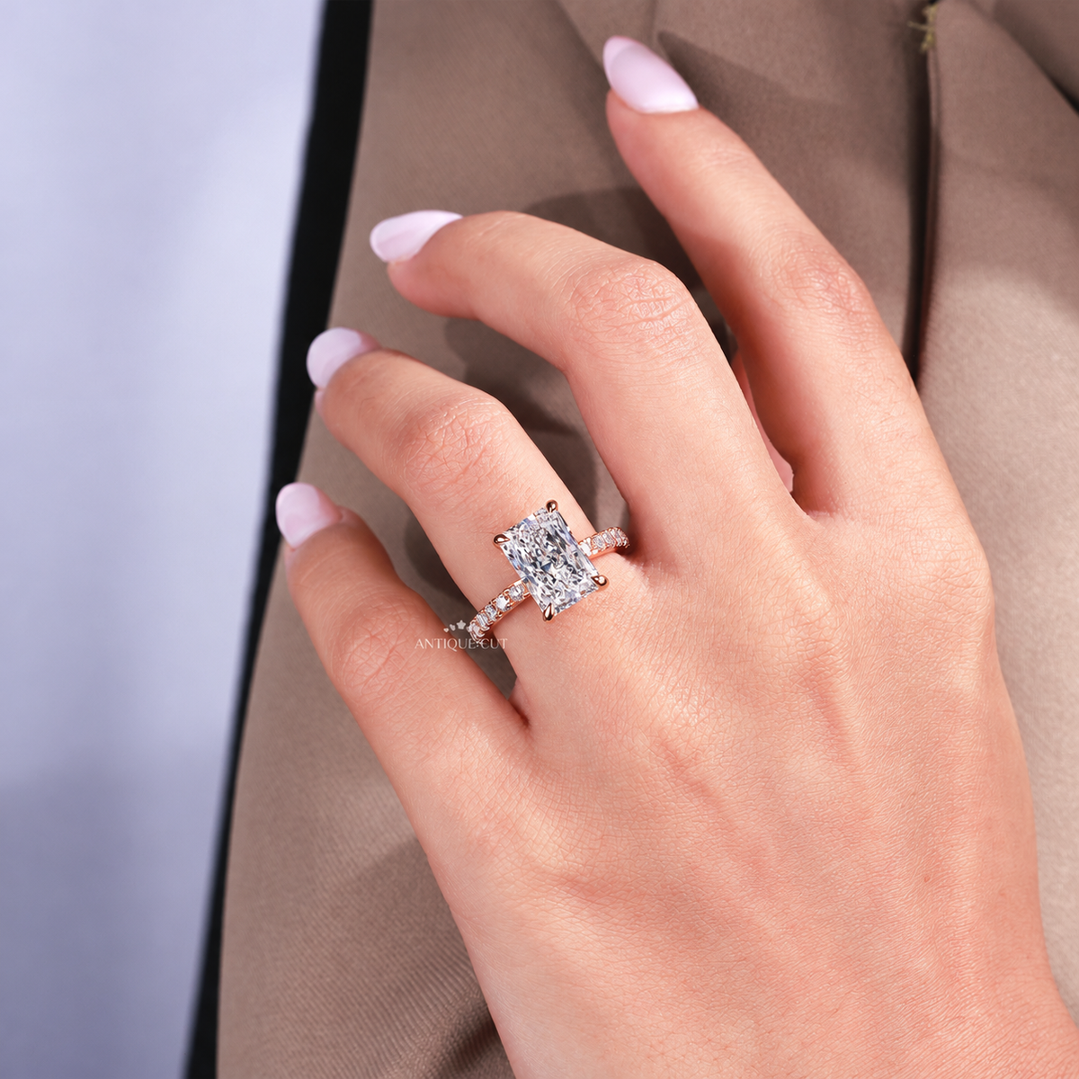 4.00 Carat Radiant Cut Diamond Pave Ring with Hidden Halo | IGI Certified