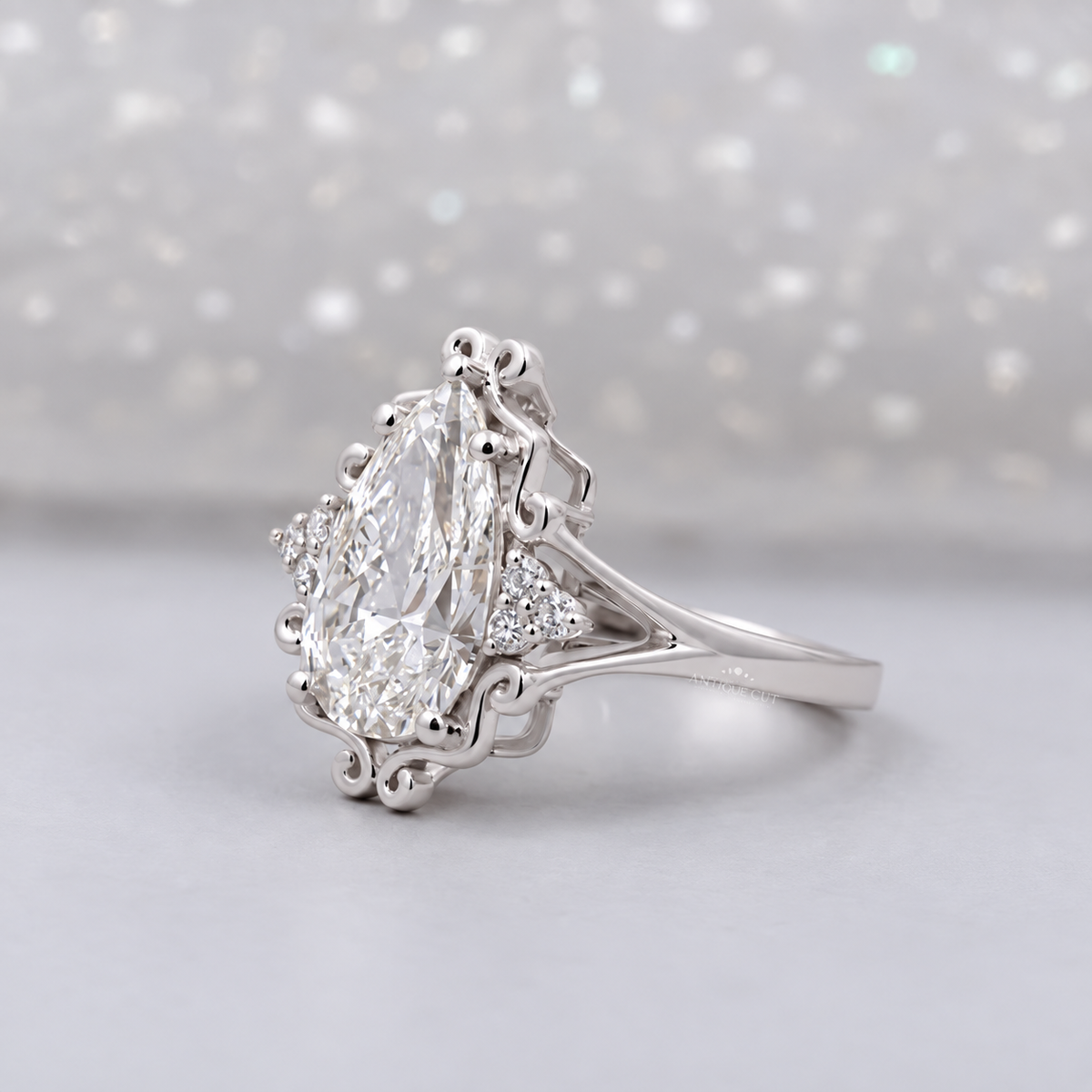 3.5 Carat Lab Grown Pear Cut Vintage Engagement Ring in Yellow Gold