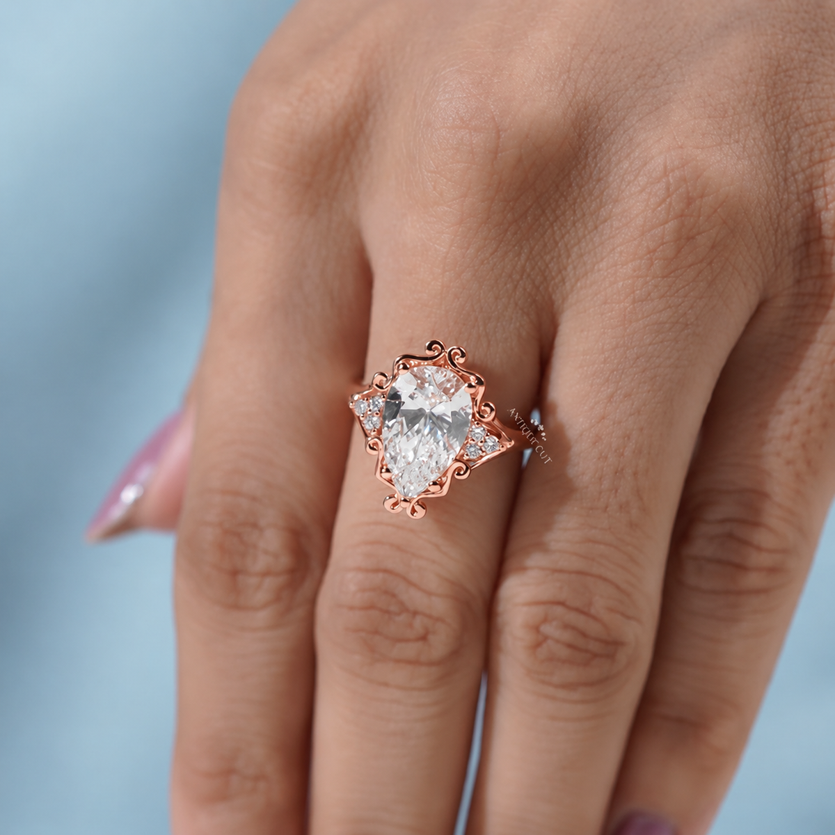 3.5 Carat Lab Grown Pear Cut Vintage Engagement Ring in Yellow Gold