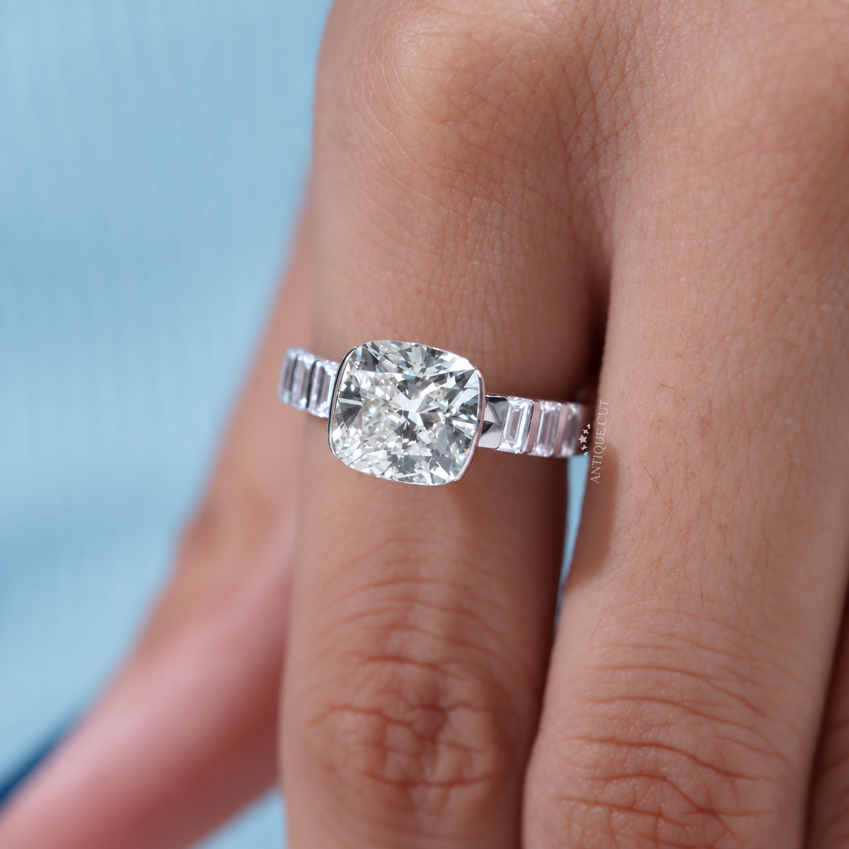 4.0 Carat Lab Grown Diamond East West Cushion Cut Half Bezel Engagement Ring