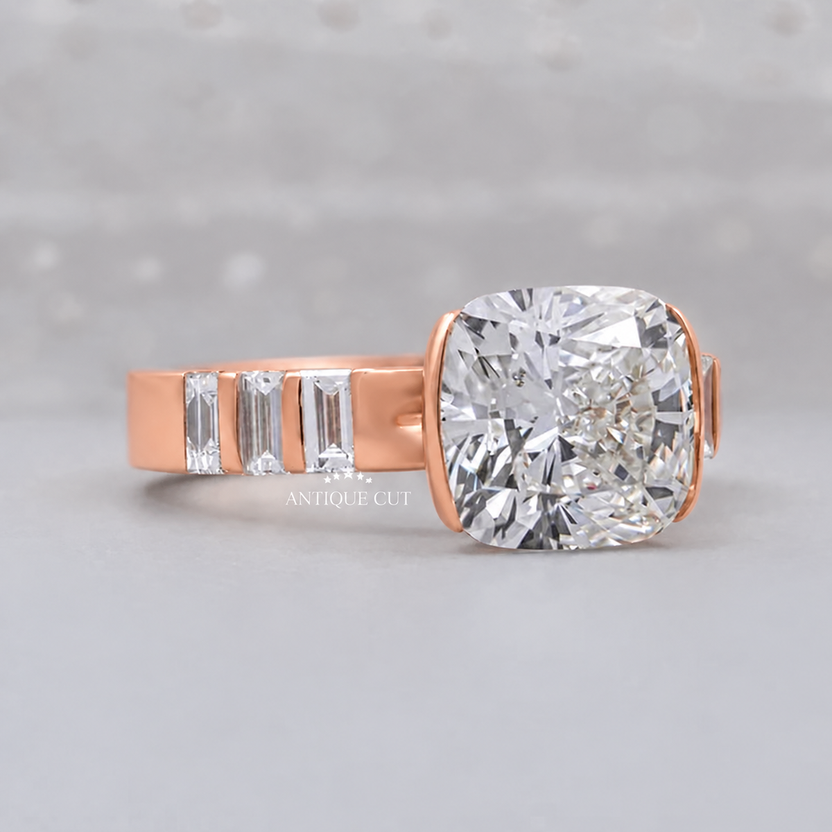 4.0 Carat Lab Grown Diamond East West Cushion Cut Half Bezel Engagement Ring