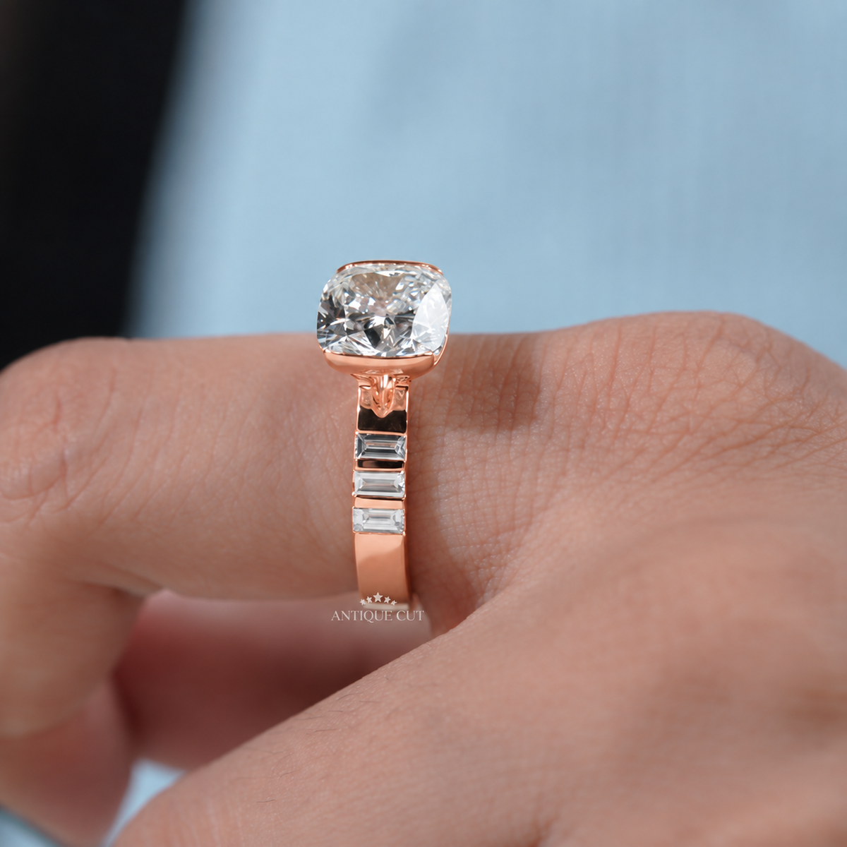 4.0 Carat Lab Grown Diamond East West Cushion Cut Half Bezel Engagement Ring