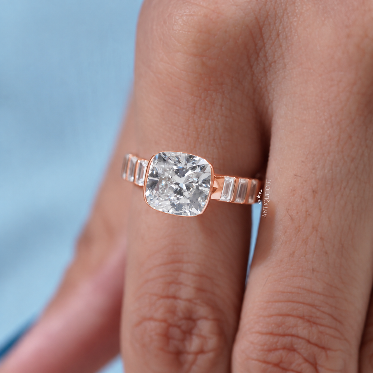 4.0 Carat Lab Grown Diamond East West Cushion Cut Half Bezel Engagement Ring