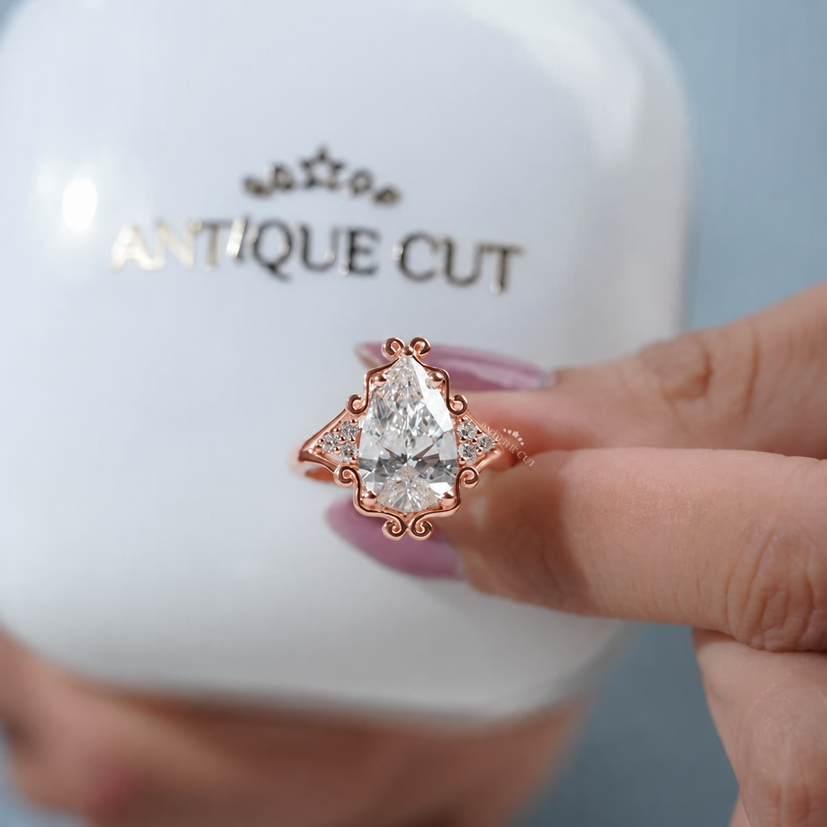 3.5 Carat Lab Grown Pear Cut Vintage Engagement Ring in Yellow Gold