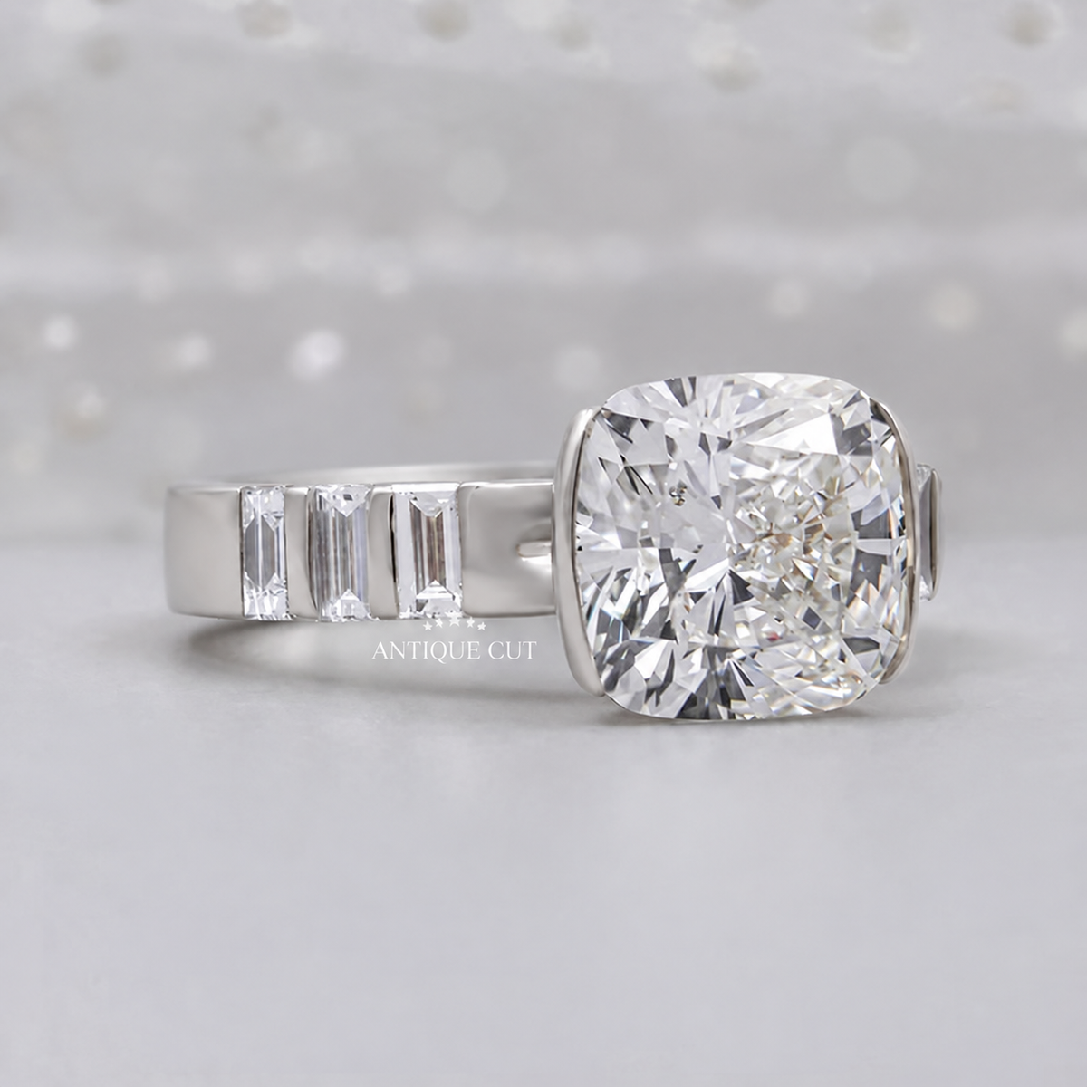 4.0 Carat Lab Grown Diamond East West Cushion Cut Half Bezel Engagement Ring