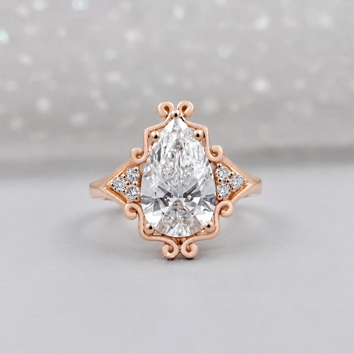 3.5 Carat Lab Grown Pear Cut Vintage Engagement Ring in Yellow Gold