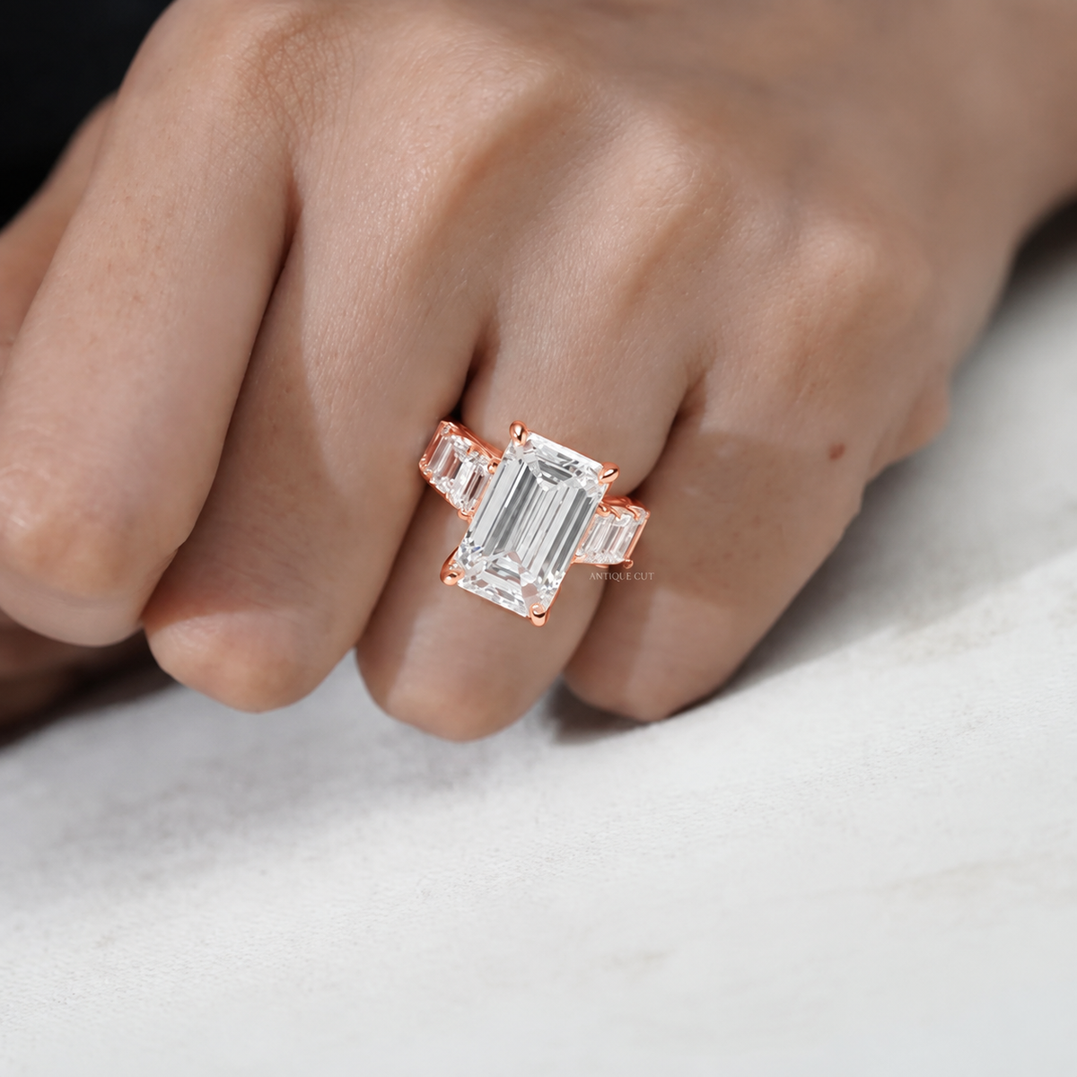 9.0 Carat Lab Grown Emerald Cut Engagement Ring with Tapered Side Stones