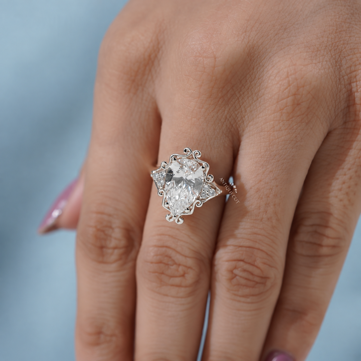 3.5 Carat Lab Grown Pear Cut Vintage Engagement Ring in Yellow Gold