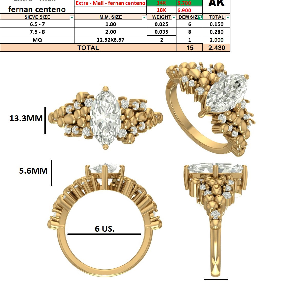 Custom Order - Fernan Centeno | 2.43 TCW Marquise Engagement ring | Color & Clarity E/VS1 | 14K Yellow Gold | Ring Size - 6(US)