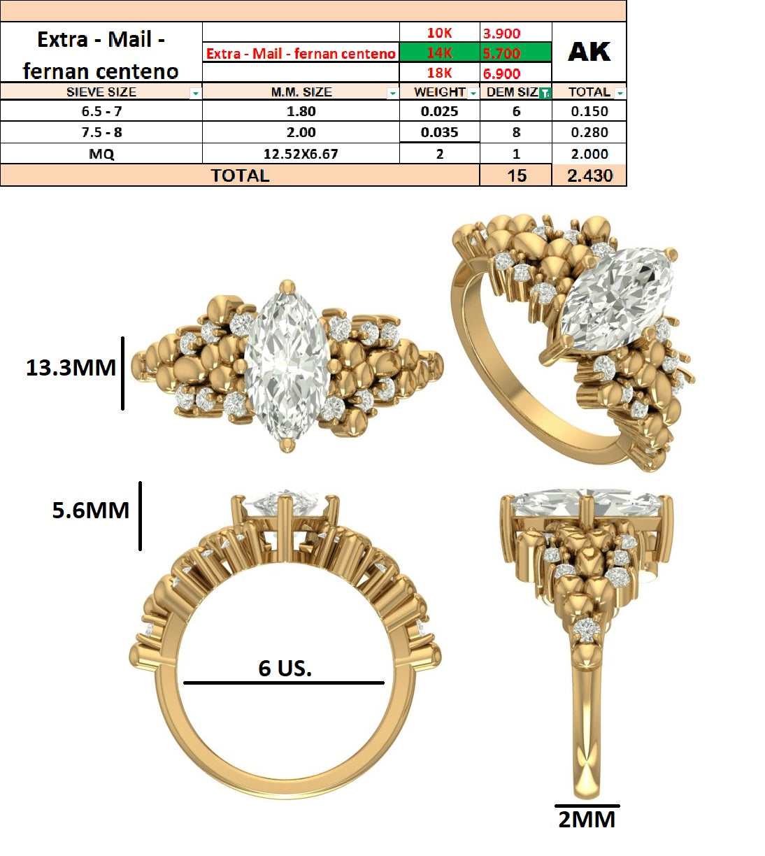 Custom Order - Fernan Centeno | 2.43 TCW Marquise Engagement ring | Color & Clarity E/VS1 | 14K Yellow Gold | Ring Size - 6(US)