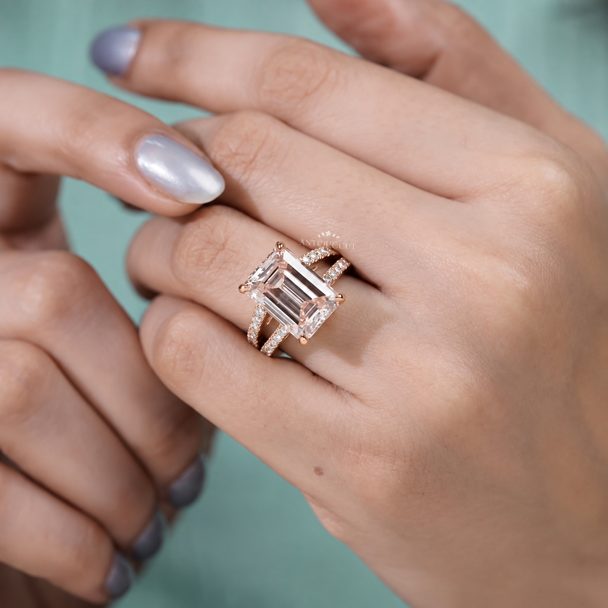 10.0 Carat Lab Grown Diamond Emerald Cut Split Shank Engagement Ring