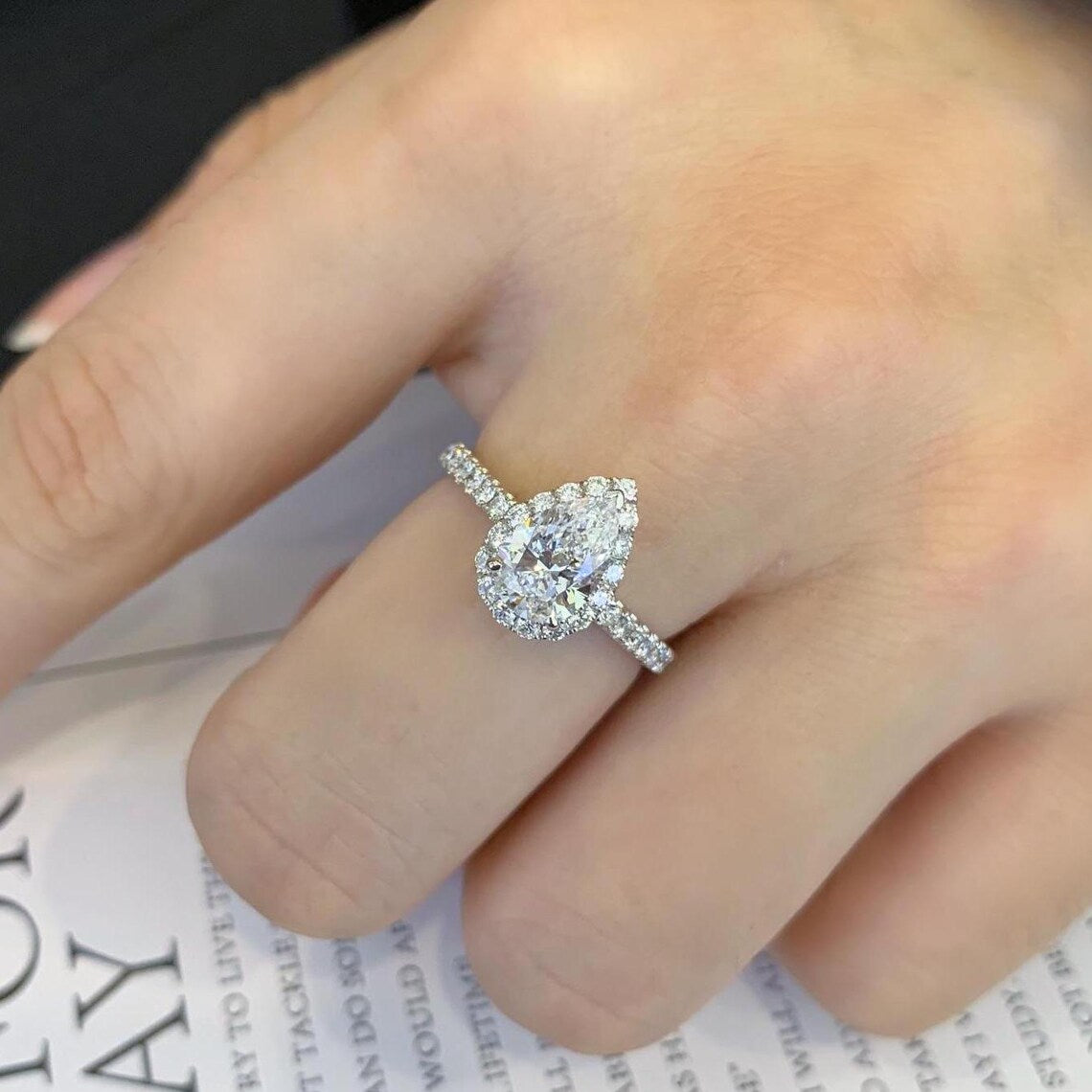 Pear 2.00tcw Lab Diamond Halo Cathedral Ring | IGI Certified | DEF VVS–VS