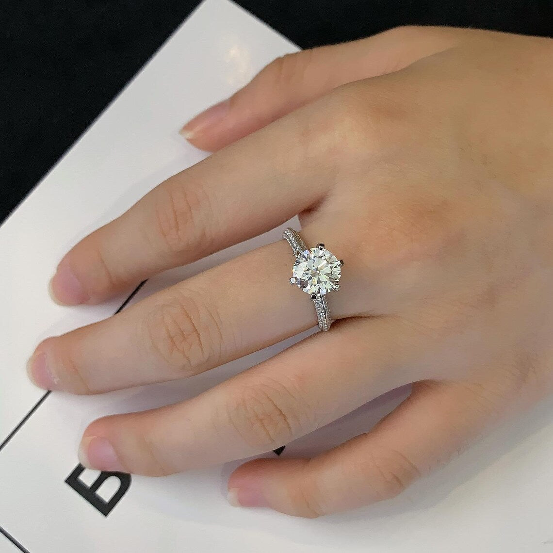 Round 2.70tcw Lab Grown Diamond 6 Prong Solitaire Pave Engagement Ring, DEF Color, VVS-VS Clarity - IGI Certified