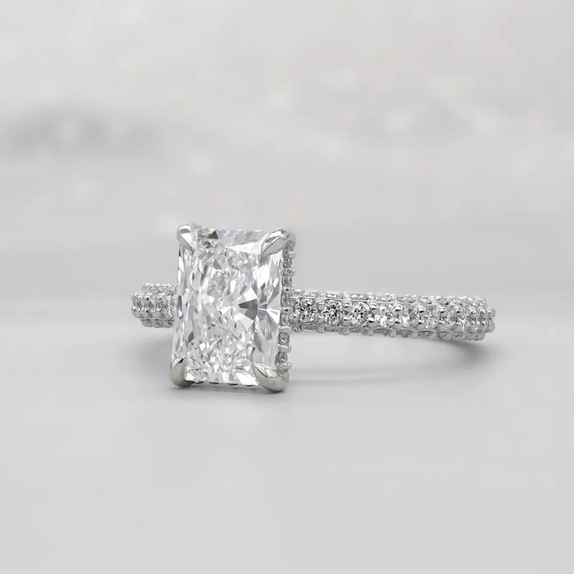 Radiant 3.50tcw Lab Grown Diamond Engagement Ring | Hidden Halo Pave Setting | D-E-F Color | VVS–VS Clarity | IGI Certified