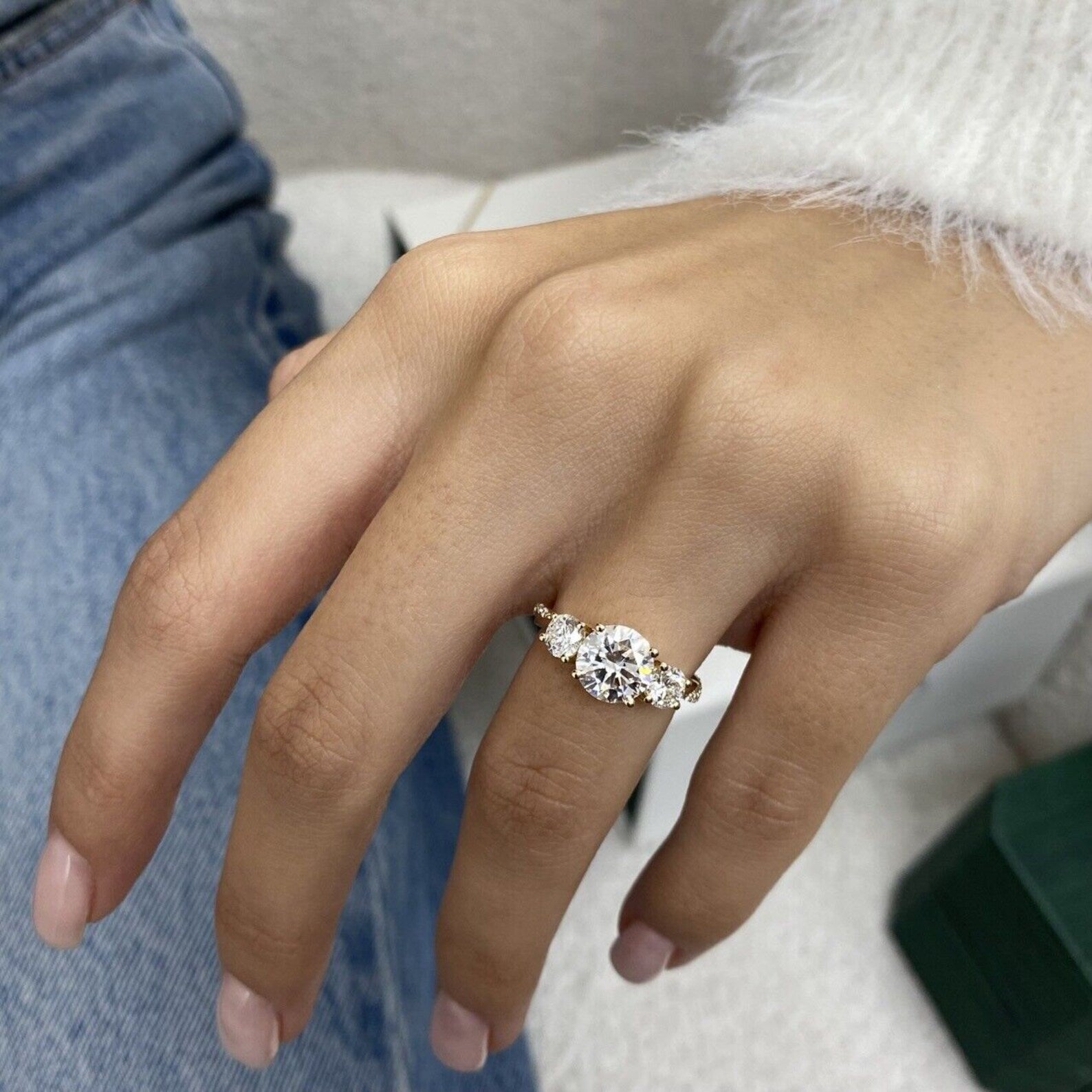 Round 2.70tcw Lab Grown Diamond Three Stone Engagement Ring, D-E-F Color, VVS-VS Clarity, IGI Certificate
