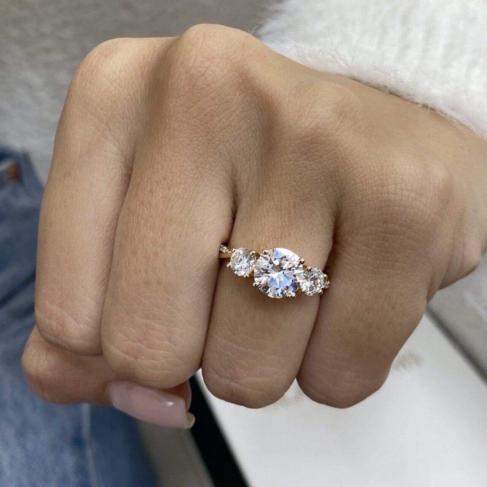 Round 2.70tcw Lab Grown Diamond Three Stone Engagement Ring, D-E-F Color, VVS-VS Clarity, IGI Certificate