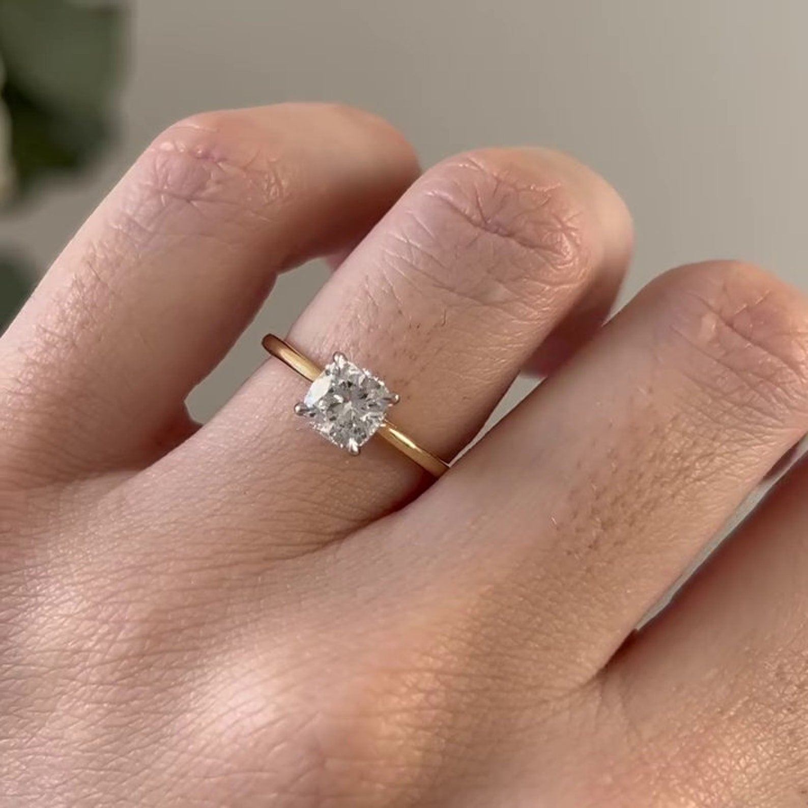 Cushion Cut Diamond Ring With Two Tone Gold| Cathedral Setting