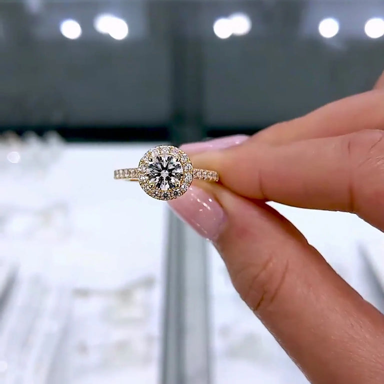 Round Cut Halo Engagement Ring Pavé Band in Yellow Gold