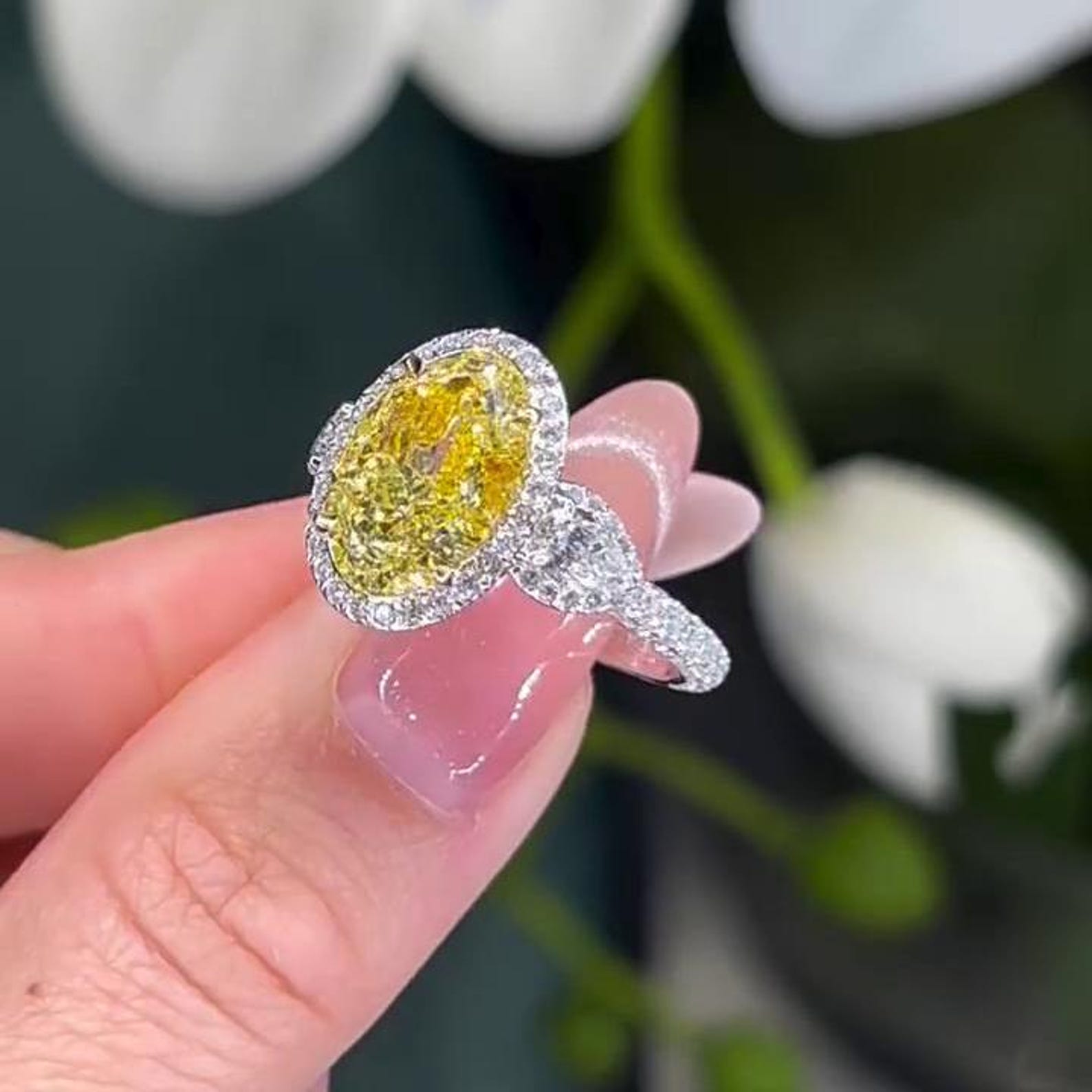 Oval Fancy Yellow 7.40tcw Lab Grown Diamond Halo Three Stone Engagement Ring, EF Color, VS Clarity