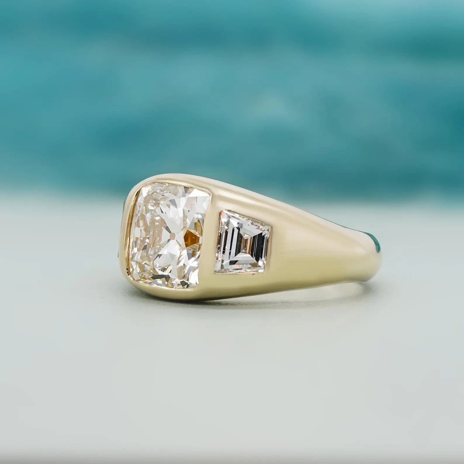Cushion 3.40tcw Lab Grown Diamond, Three Stone Bezel Set Engagement Ring, D-E-F Color, VVS-VS Clarity, IGI Certificate