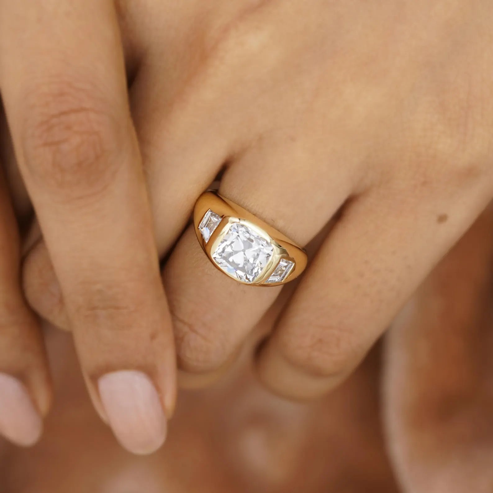 Cushion 3.40tcw Lab Grown Diamond, Three Stone Bezel Set Engagement Ring, D-E-F Color, VVS-VS Clarity, IGI Certificate
