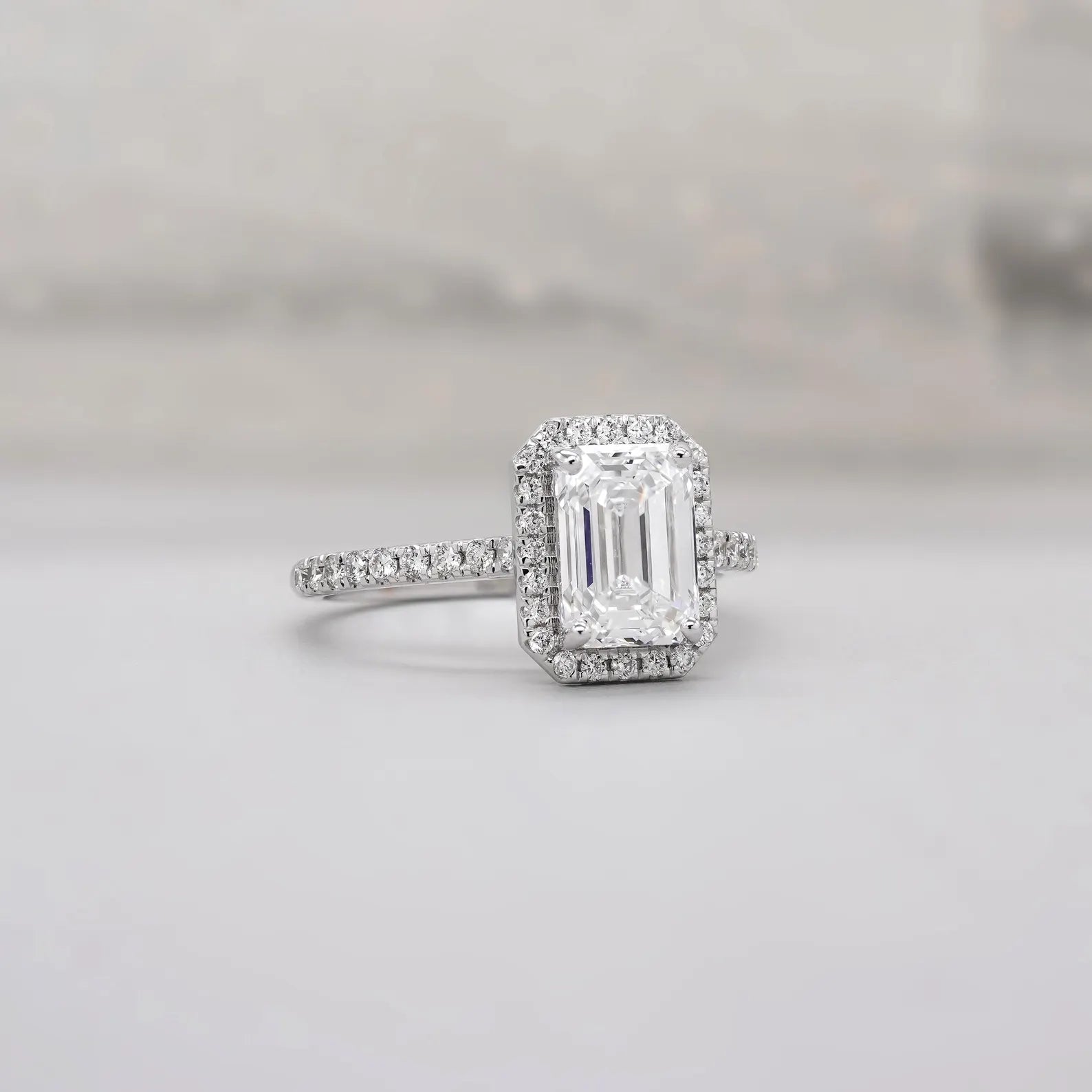 Emerald 2.52tcw Lab Grown Diamond Halo Engagement Ring | Pave Cathedral | Blue Sapphire Stone | D-E-F Color | VVS–VS Clarity | IGI Certified