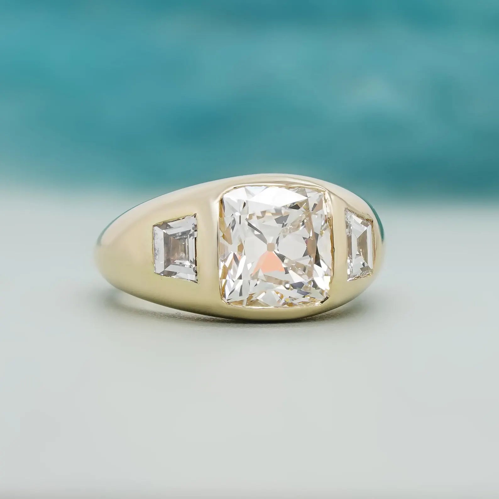 Cushion 3.40tcw Lab Grown Diamond, Three Stone Bezel Set Engagement Ring, D-E-F Color, VVS-VS Clarity, IGI Certificate