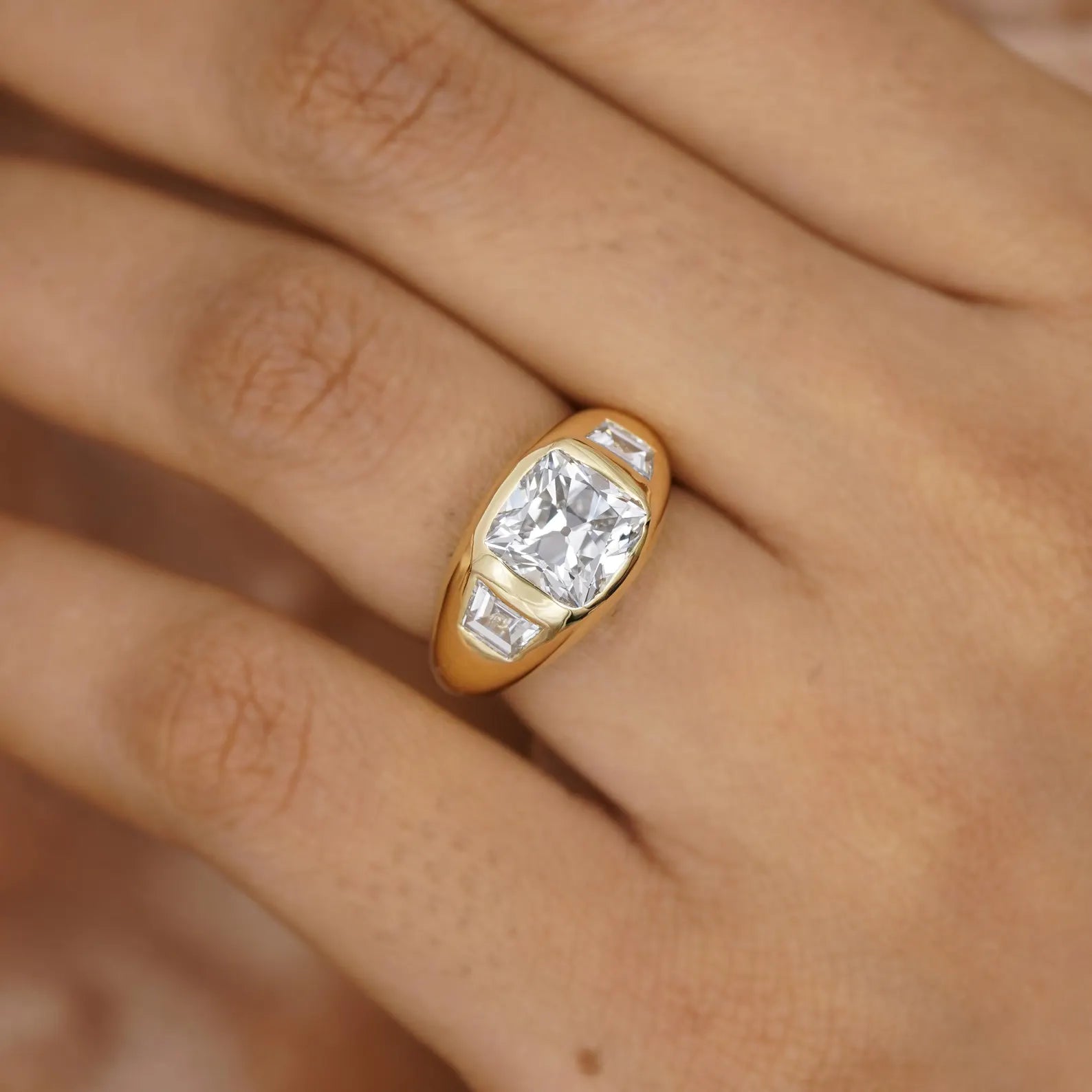 Cushion 3.40tcw Lab Grown Diamond, Three Stone Bezel Set Engagement Ring, D-E-F Color, VVS-VS Clarity, IGI Certificate