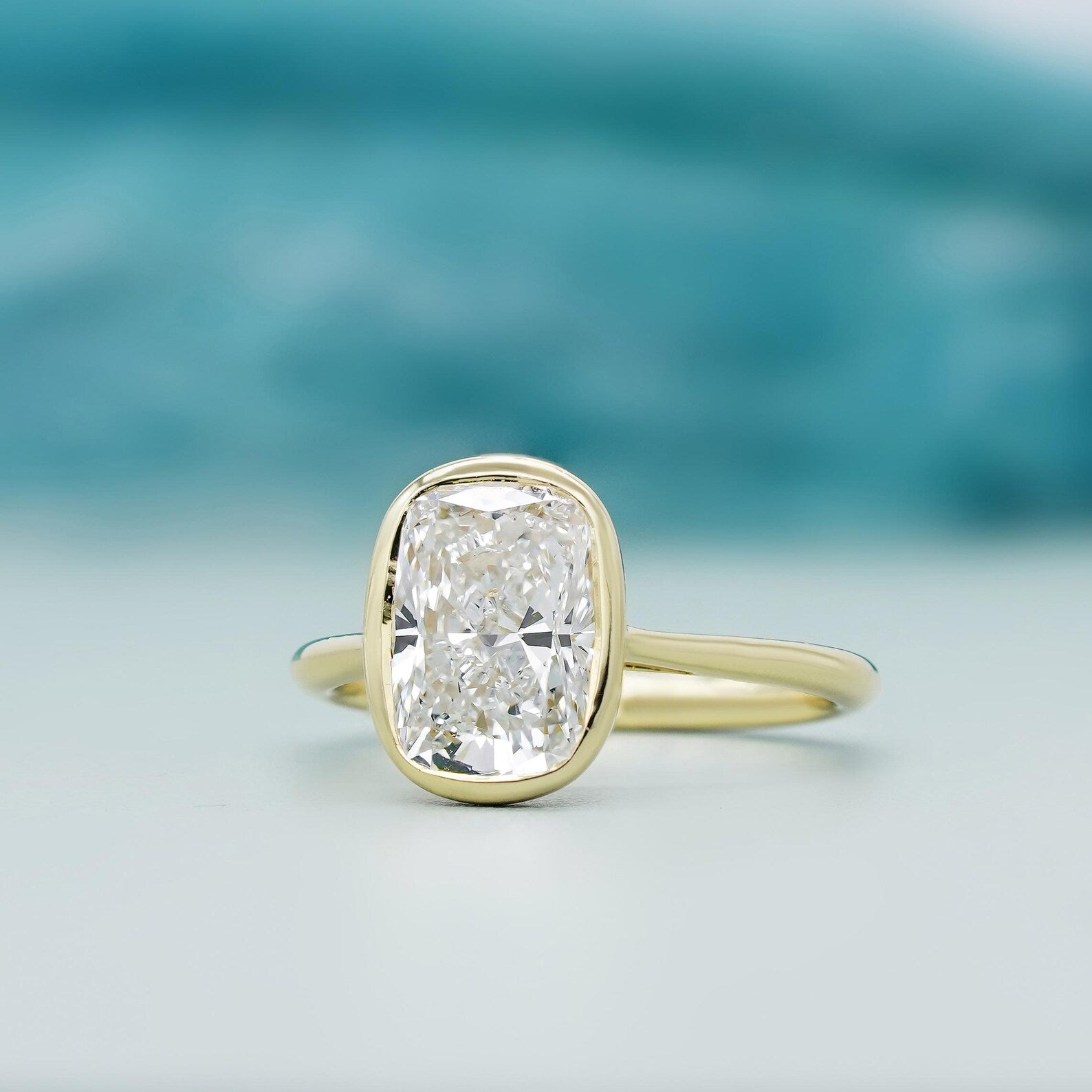 2.50Carat Cushion Cut Lab Grown Diamond Ring | Bezel Set in 14k Yellow Gold | D-E-F Color, VVS–VS Clarity | Modern Solitaire