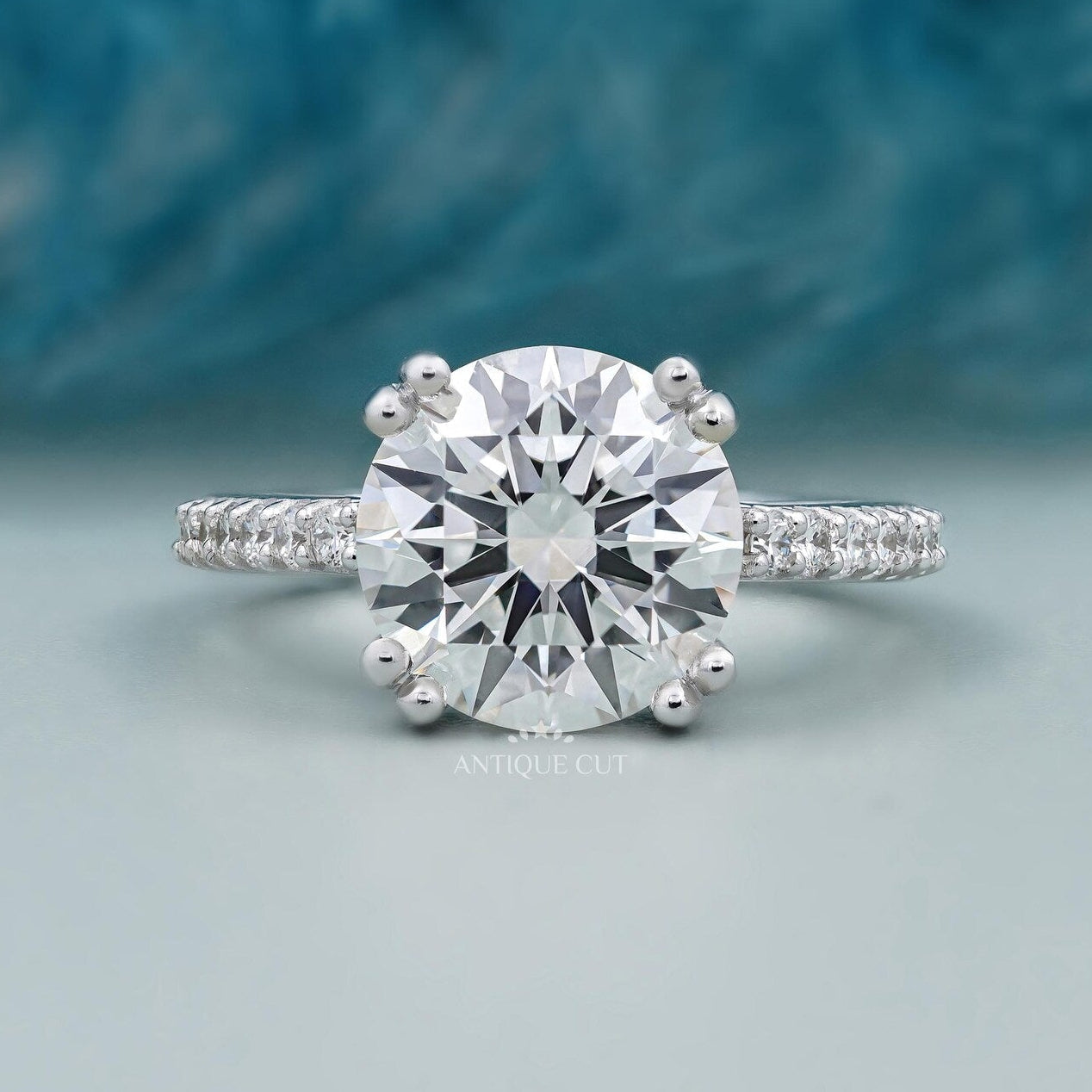Round Cut Engagement Ring | Pave Diamond Band Double Claw Prong in White Gold
