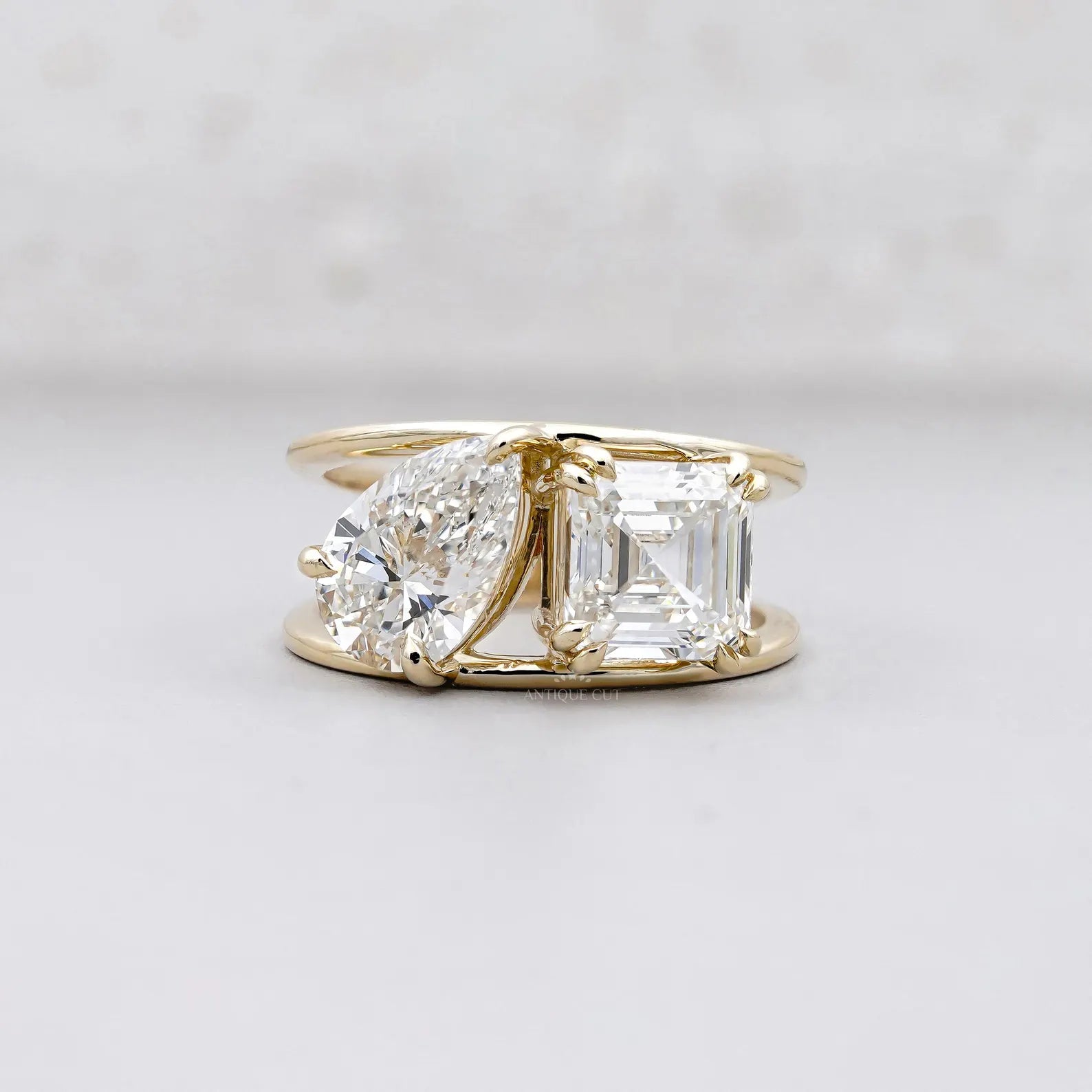 Pear & Asscher 3.00tcw Lab Diamond Ring | Toi et Moi | Wave Band | IGI Certified | D-E-F | VVS–VS