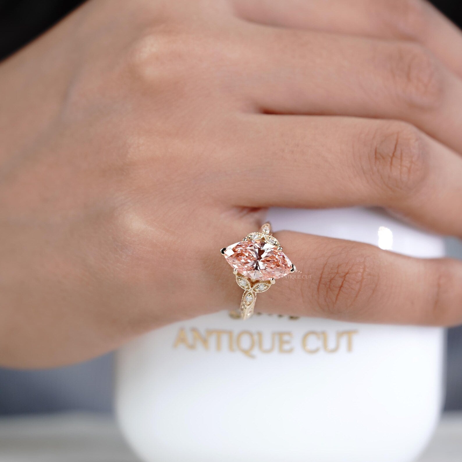 3.00ct Marquise Fancy Pink Engagement Ring • 0.15ct Diamond Leaf Side Stones • Vintage 14K Gold Fancy Pink Ring • Unique Bridal Ring