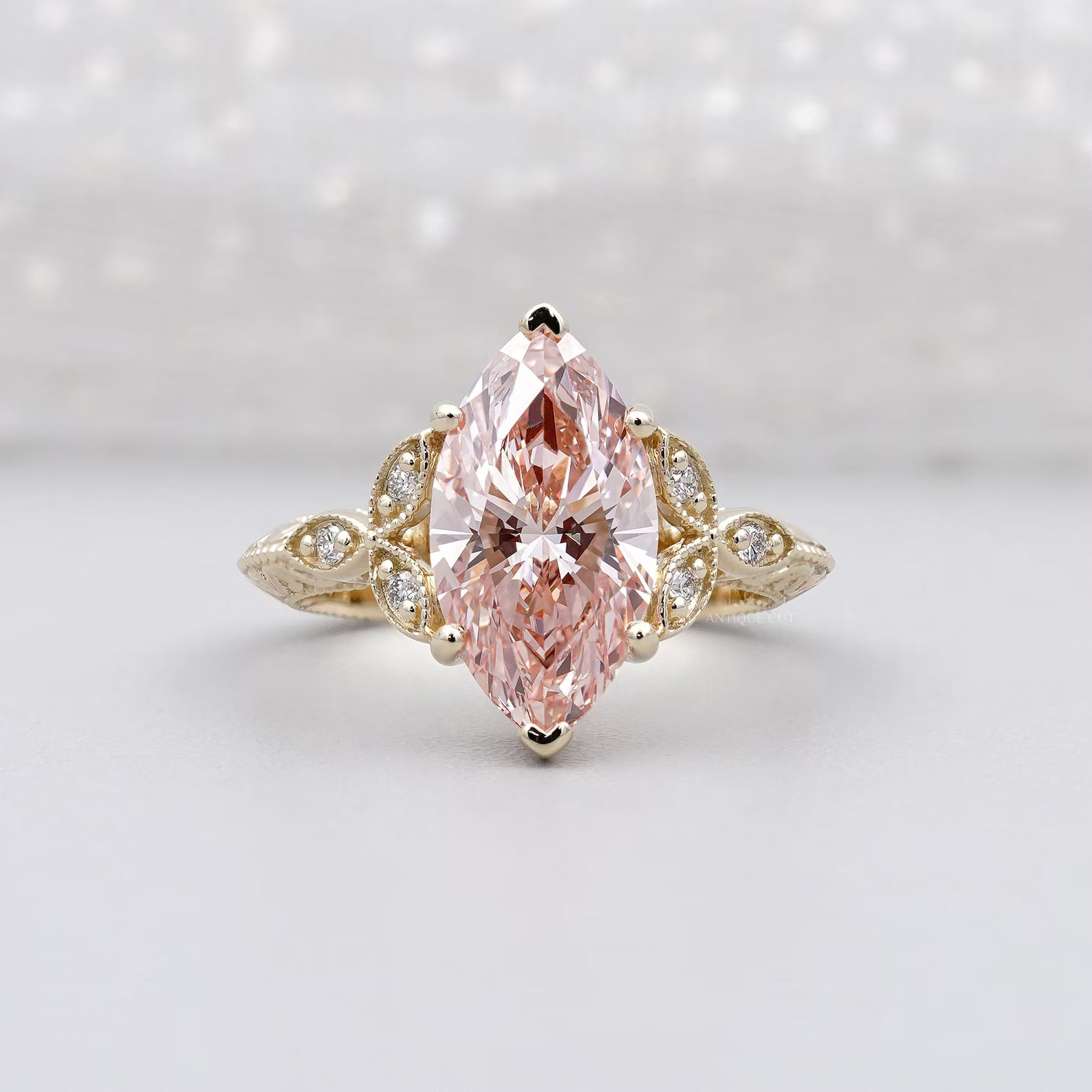 3.00ct Marquise Fancy Pink Engagement Ring • 0.15ct Diamond Leaf Side Stones • Vintage 14K Gold Fancy Pink Ring • Unique Bridal Ring
