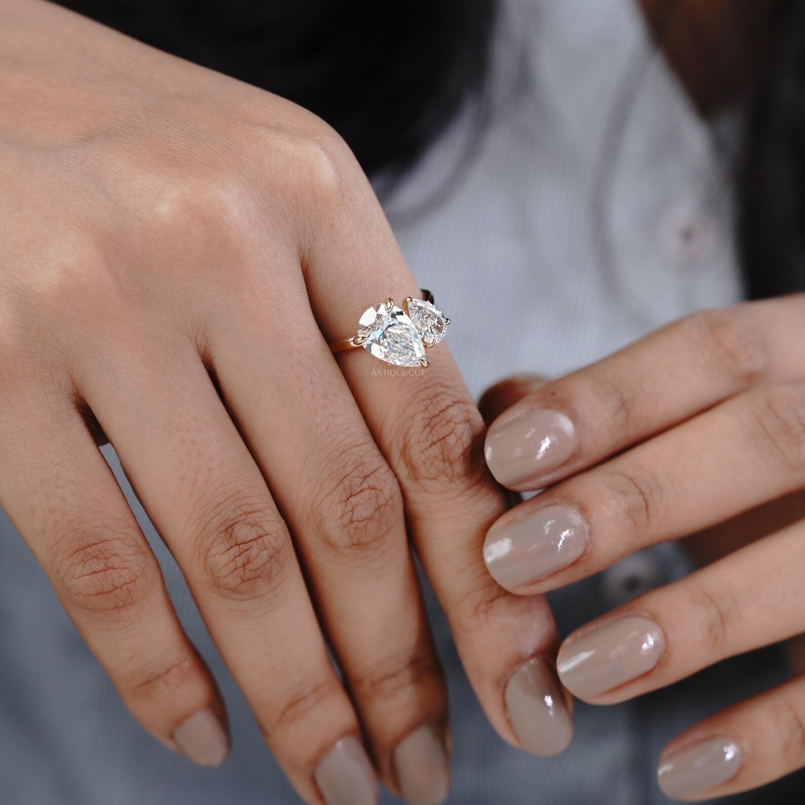 1.30ct Pear Cut Engagement Ring • 0.30ct Pear Side Stone • Two Stone Toi et Moi Ring • 14K Gold Pear Diamond Bypass Ring