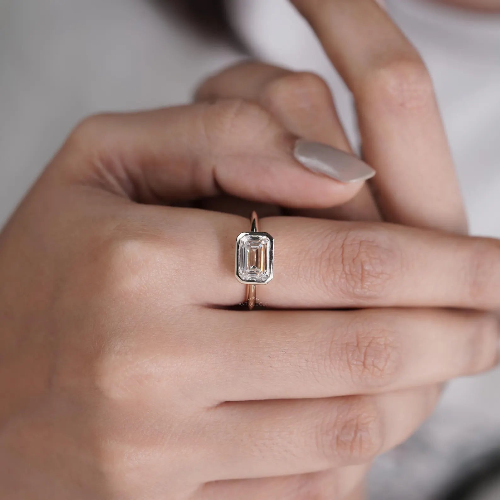 Emerald Cut 3.00ct Lab Grown Diamond East-West Engagement Ring | Bezel Setting | IGI Certified