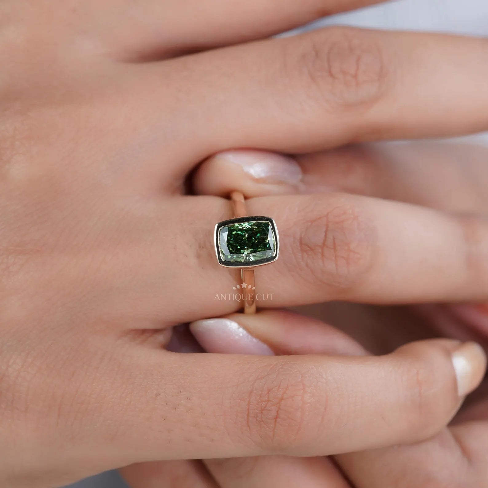 Fancy Green 2.09ct Cushion Cut Lab-Grown Diamond Bezel Ring | Solid Gold Modern Setting
