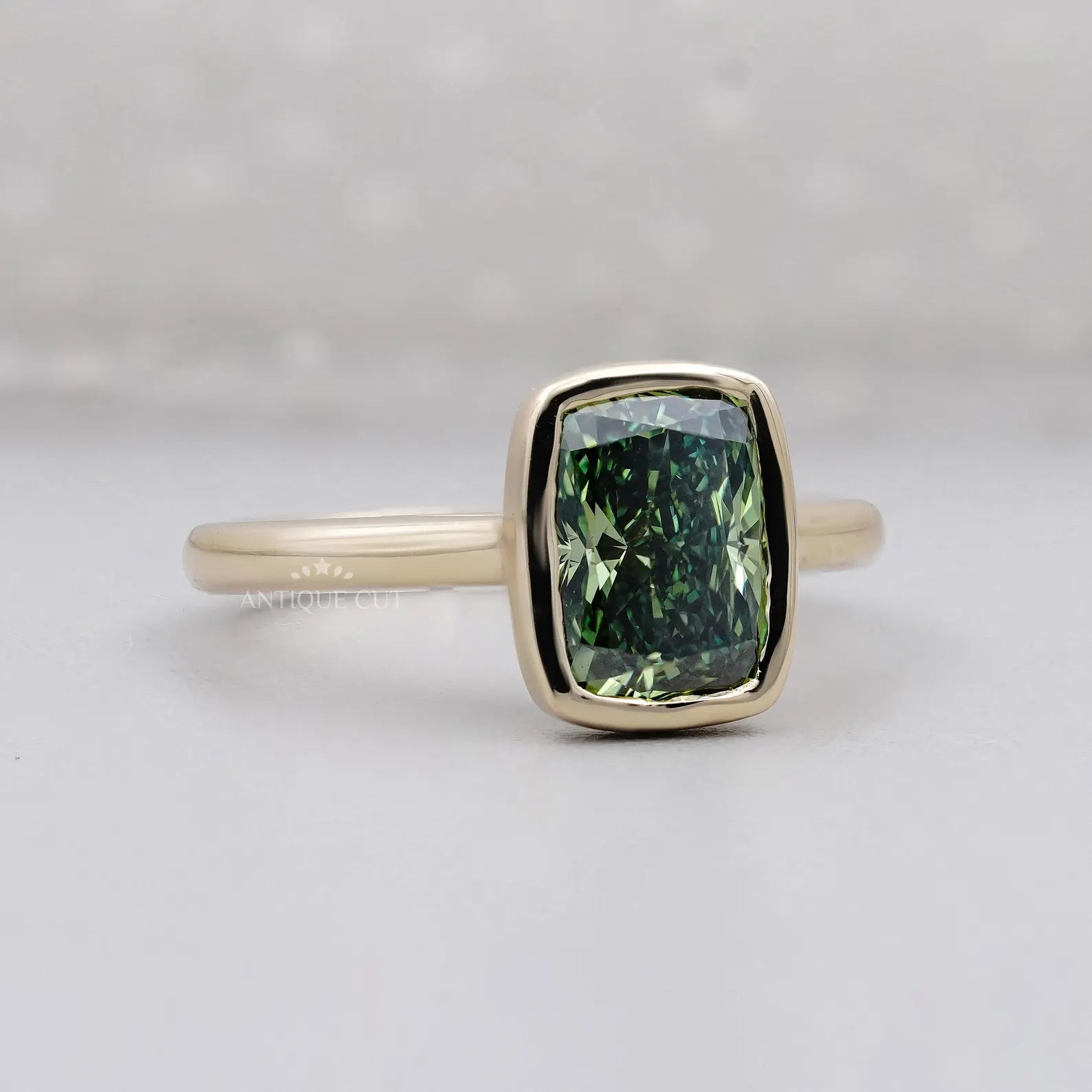 Fancy Green 2.09ct Cushion Cut Lab-Grown Diamond Bezel Ring | Solid Gold Modern Setting