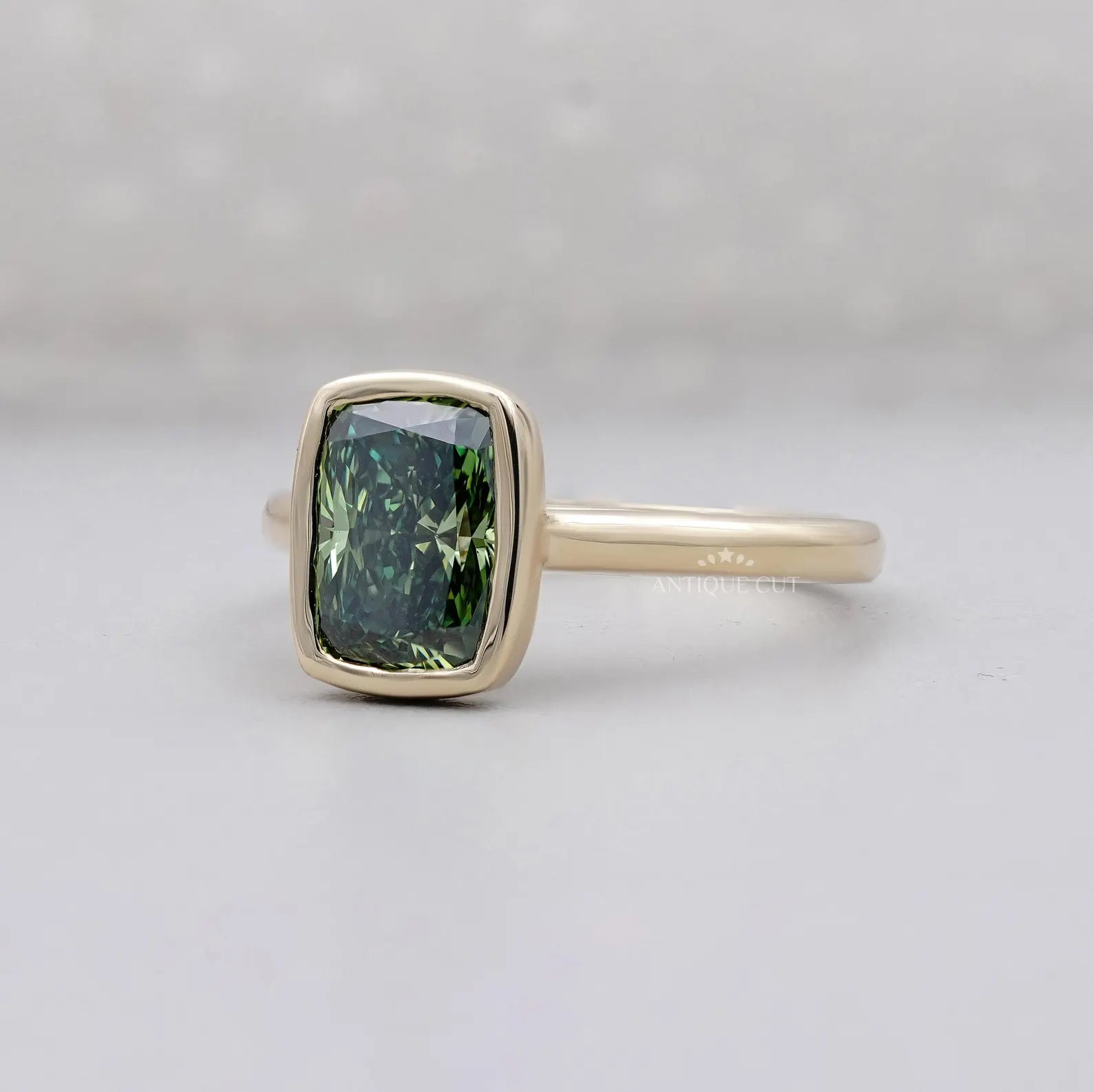 Fancy Green 2.09ct Cushion Cut Lab-Grown Diamond Bezel Ring | Solid Gold Modern Setting