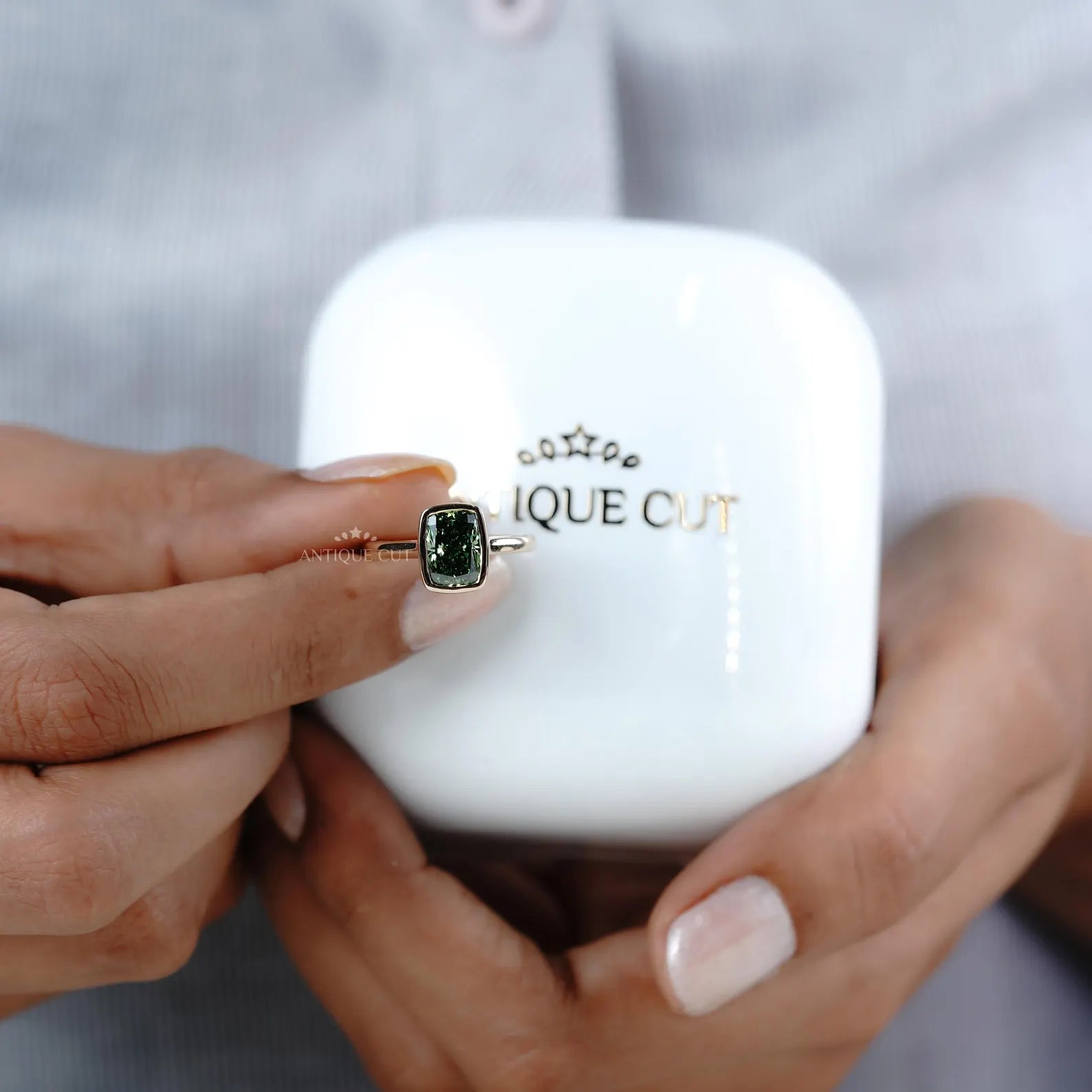 Fancy Green 2.09ct Cushion Cut Lab-Grown Diamond Bezel Ring | Solid Gold Modern Setting