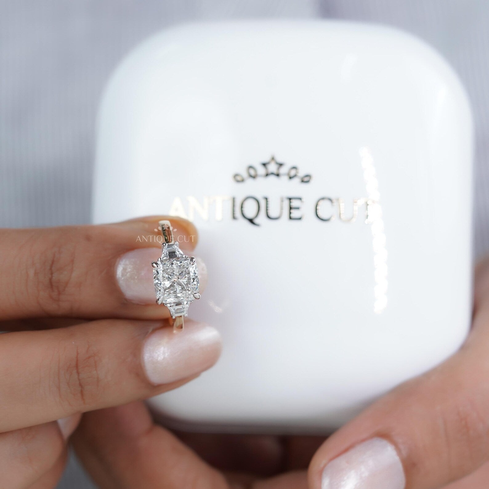 Cushion Cut 3.10tcw Lab-Grown Diamond Three-Stone Ring | Baguette Side Stones | Two-Tone Gold Setting | IGI Certified