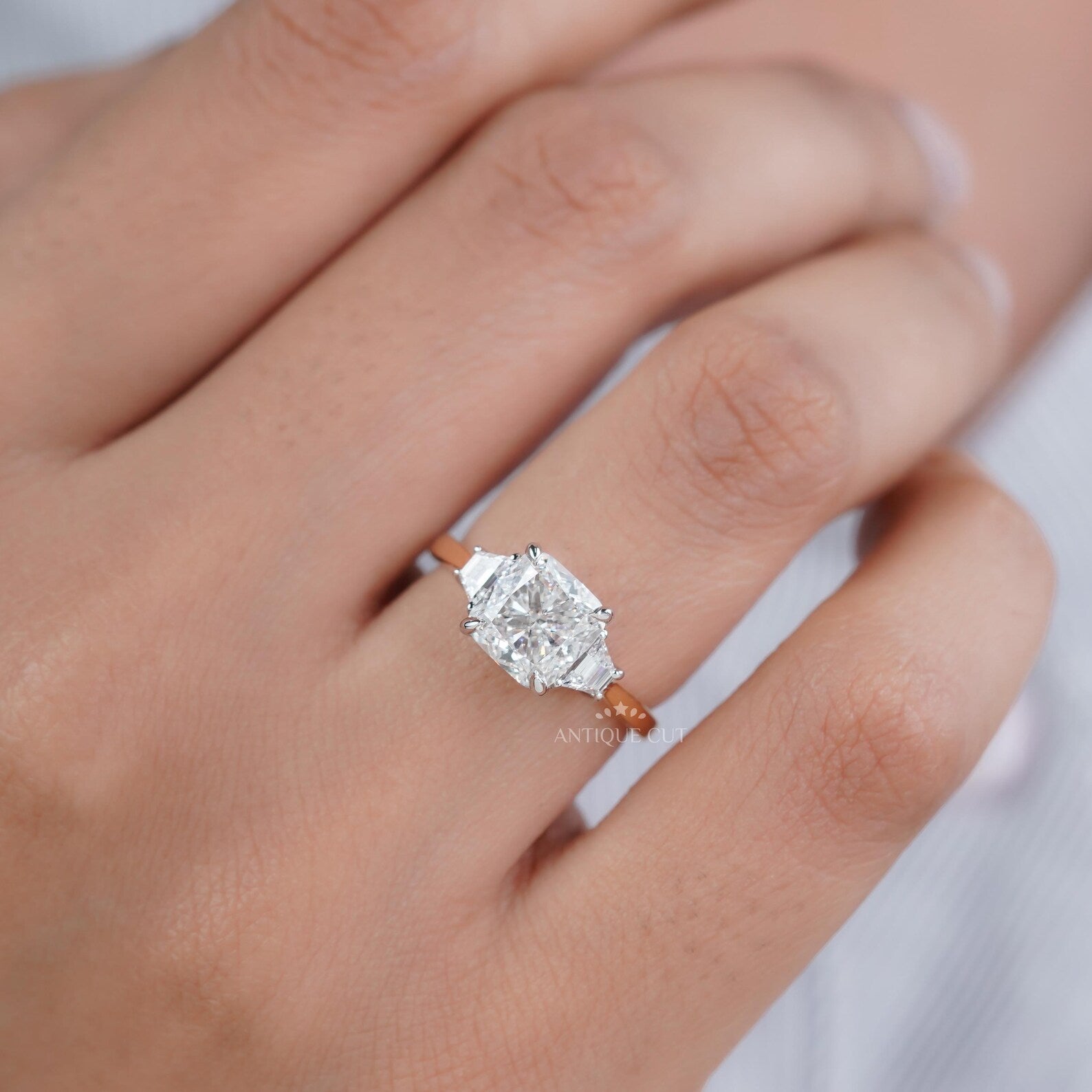 Cushion Cut 3.10tcw Lab-Grown Diamond Three-Stone Ring | Baguette Side Stones | Two-Tone Gold Setting | IGI Certified